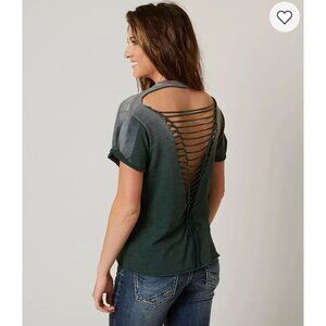 Affliction Womens T‎ Shirt Size L Ombre Green Cutout Strappy Back Tee